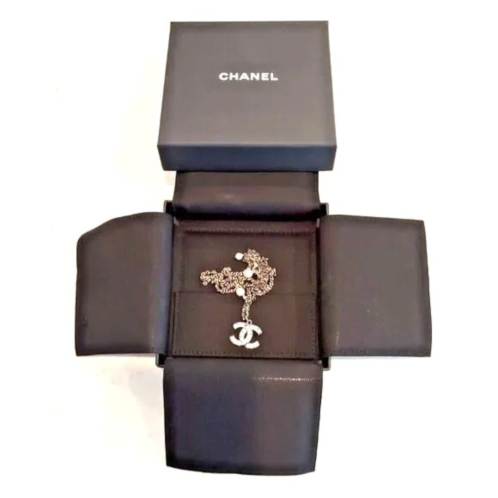 CHANEL CC Logos Necklace Rhinestone Silver 12'' NEW